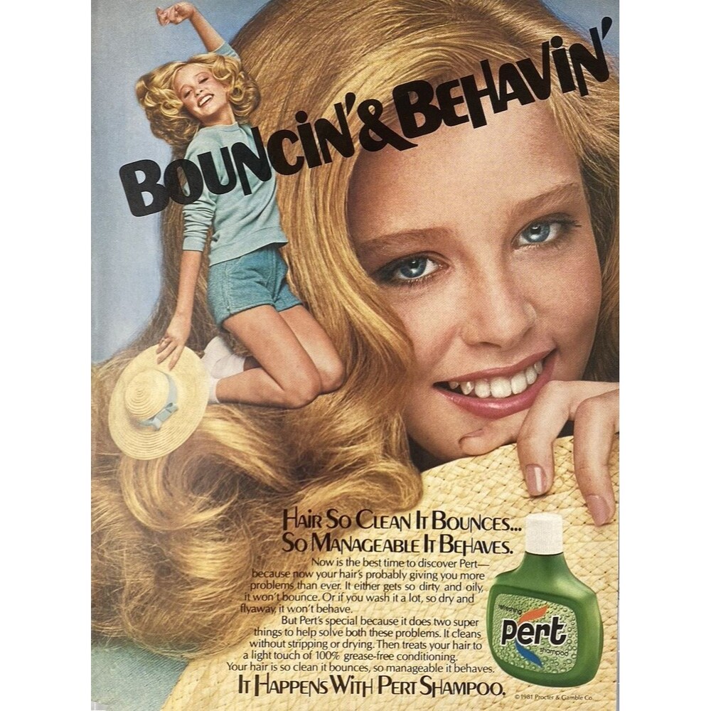 Pert Shampoo "Hair So Clean It Bounces SO Manageable It Behaves" Print Ad 1981